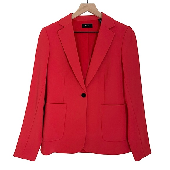 Theory Gabrielle Modern Crepe Blazer Jacker Pockets One Button Red Size 2 - Picture 1 of 8